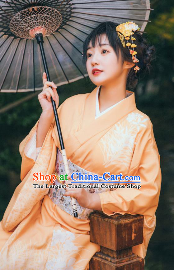 Japan Young Lady Garment Japanese Printing Orange Kimono Traditional Summer Festival Yukata Dress
