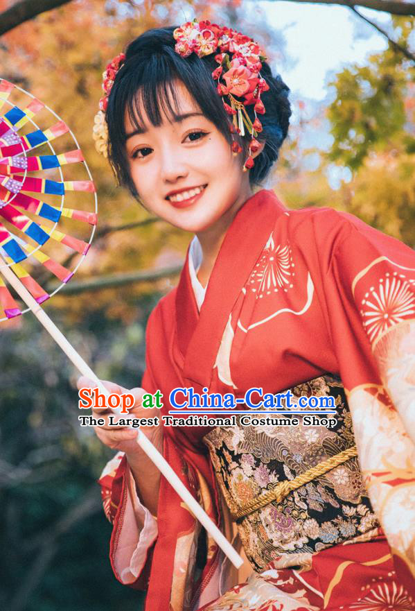Japanese Printing Red Kimono Japan Traditional Summer Festival Yukata Dress Young Lady Garment