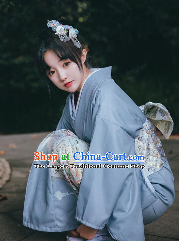 Japan Traditional Summer Festival Yukata Dress Japanese Young Lady Garment Printing Blue Kimono