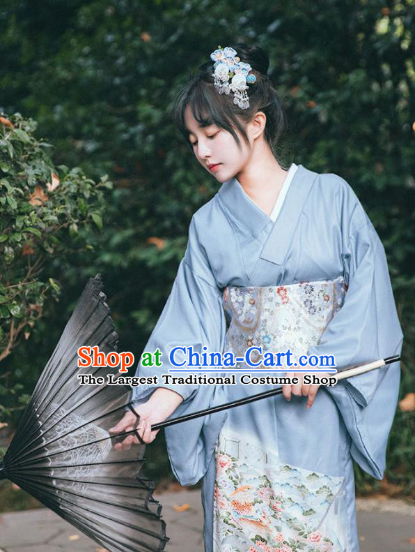 Japan Traditional Summer Festival Yukata Dress Japanese Young Lady Garment Printing Blue Kimono