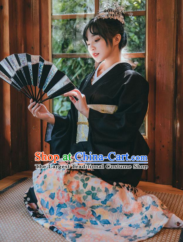 Japan Printing Black Kimono Traditional Yukata Dress Japanese Summer Festival Young Lady Garment