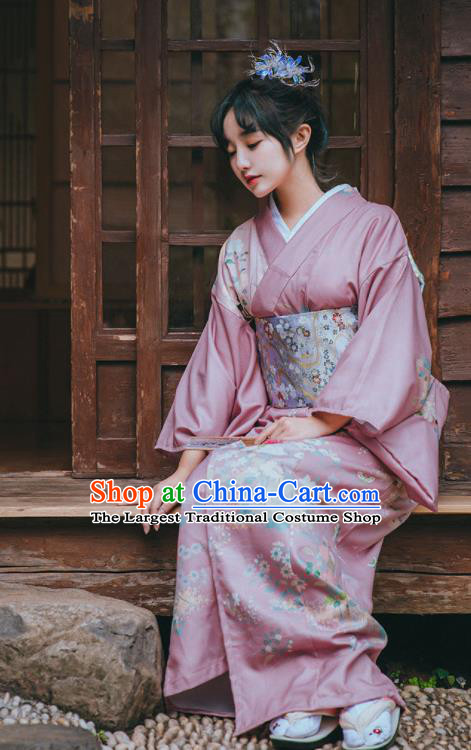 Japanese Summer Festival Young Lady Garment Japan Printing Pink Kimono Traditional Yukata Dress