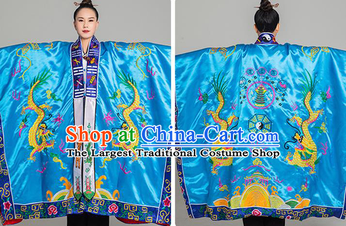 Chinese Traditional Taoism Blue Silk Garment  Handmade Taoist Ecclesiastical Costume Top Embroidered Dragon Priest Frock