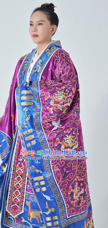 Chinese Embroidered Dragons Purple Silk Robe Traditional Priest Frock Taoism San Qing Garment Handmade Taoist Master Robe