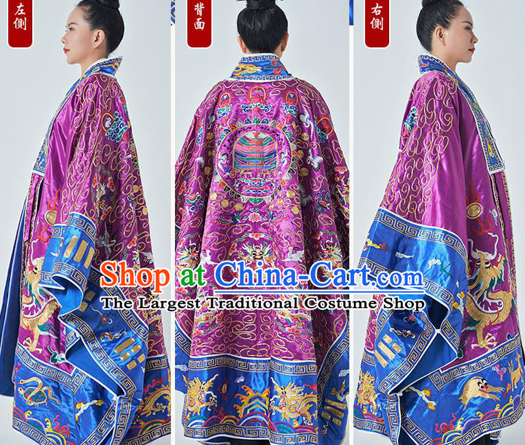 Chinese Embroidered Dragons Purple Silk Robe Traditional Priest Frock Taoism San Qing Garment Handmade Taoist Master Robe