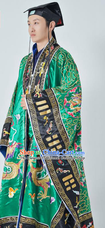 Chinese Taoism San Qing Garment Handmade Taoist Master Robe Embroidered Dragons Green Silk Robe Traditional Priest Frock