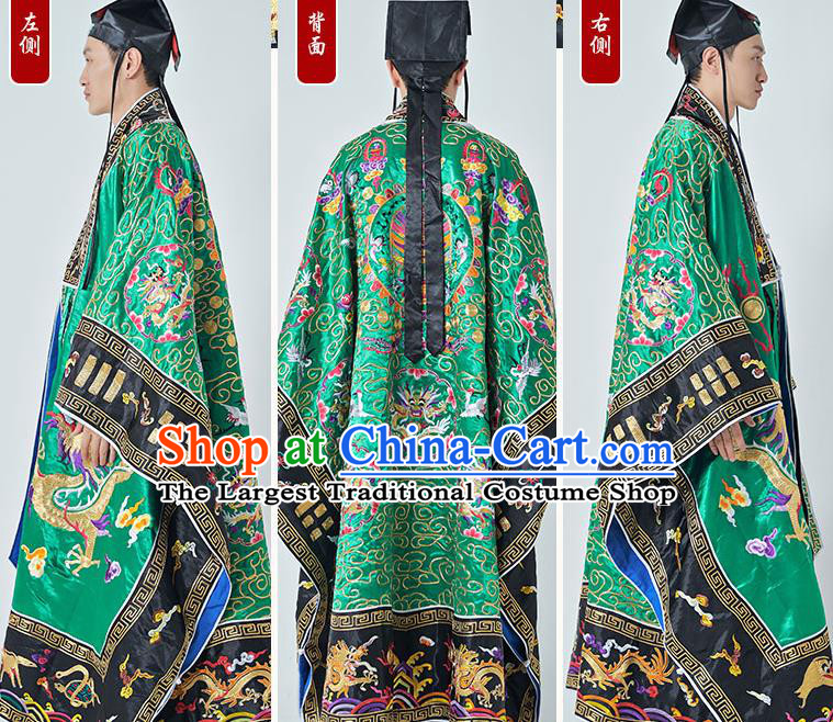 Chinese Taoism San Qing Garment Handmade Taoist Master Robe Embroidered Dragons Green Silk Robe Traditional Priest Frock