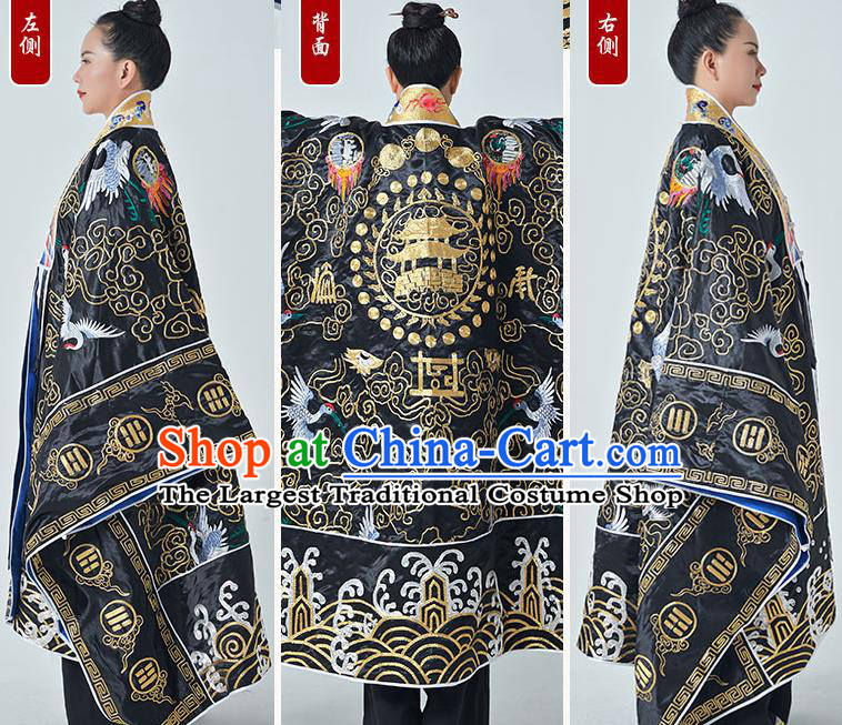 Chinese Taoism San Qing Garment Handmade Taoist Master Costume Embroidered Crane Black Silk Robe Ritual Priest Frock