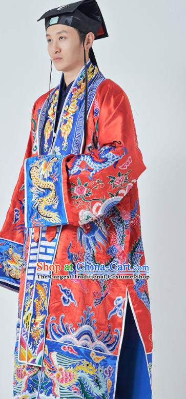 Chinese Wudang Taoist Costume Embroidered Dragon Red Silk Robe Daoism Priest Frock Traditional Taoism Master Garment