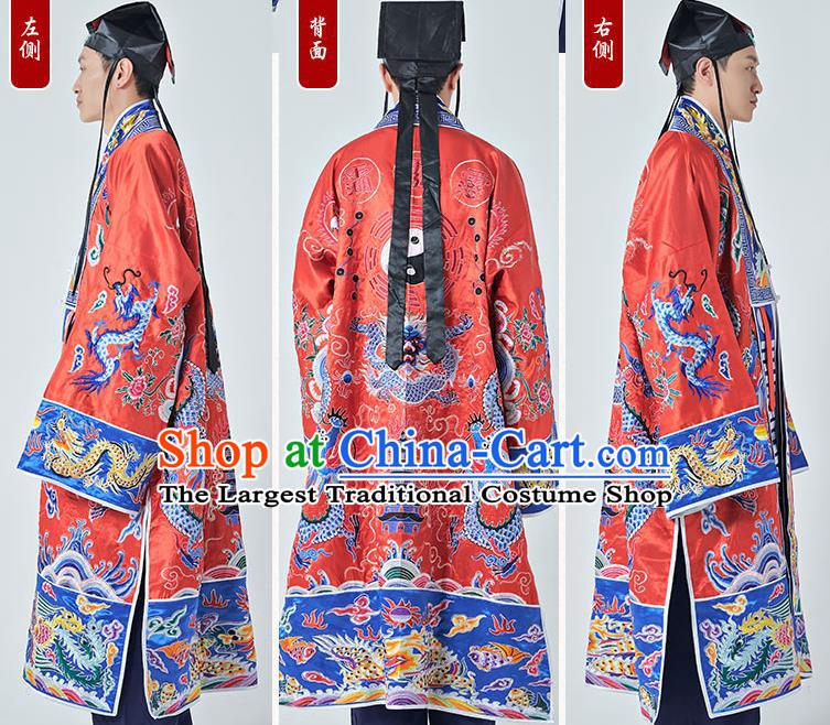 Chinese Wudang Taoist Costume Embroidered Dragon Red Silk Robe Daoism Priest Frock Traditional Taoism Master Garment
