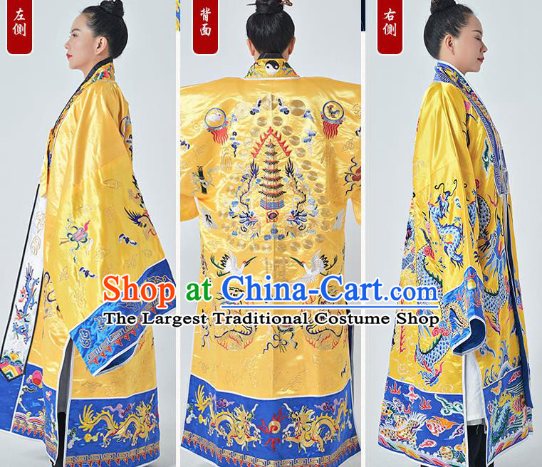 Chinese Taoism Master Garment Wudang Taoist Priest Costume Embroidered Yellow Silk Robe Traditional Daoism Scriptures Frock