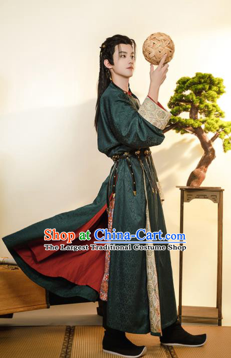 Chinese Ancient Swordsman Garment Costume Tang Dynasty Noble Childe Clothing Traditional Hanfu Dark Green Robe