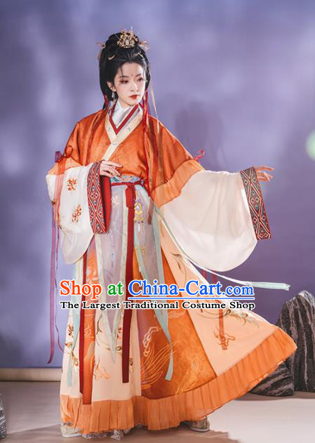 Chinese Jin Dynasty Royal Princess Garment Costumes Ancient Flower Fairy Clothing Traditional Embroidered Red Hanfu Dress