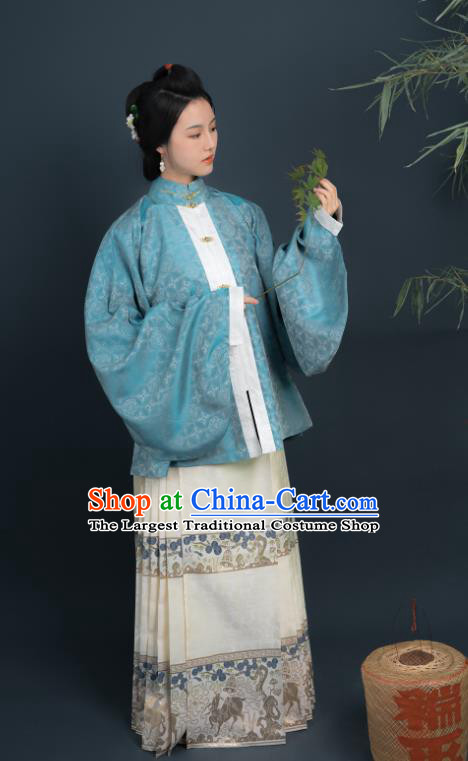 Chinese Ancient Noble Woman Blue Blouse and White Brocade Skirt Ming Dynasty Historical Costume