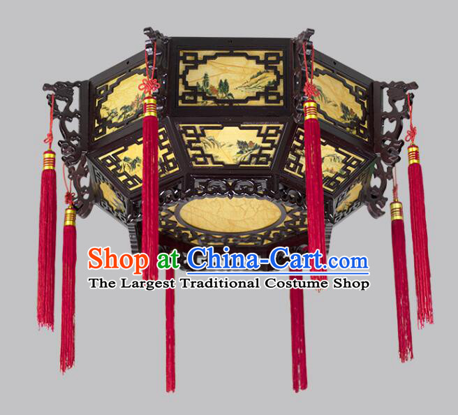Chinese Traditional Ceiling Lamp Landscape Painting Ceiling Lantern Handmade Rosewood Lantern