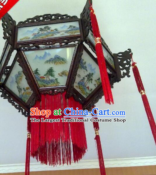 Chinese Handmade Rosewood Lantern Traditional Ceiling Lamp Landscape Painting Ceiling Lantern