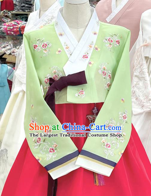 Top Handmade Hanbok Korean Bride Garment Costumes Embroidered Green Blouse and Red Dress Complete Set