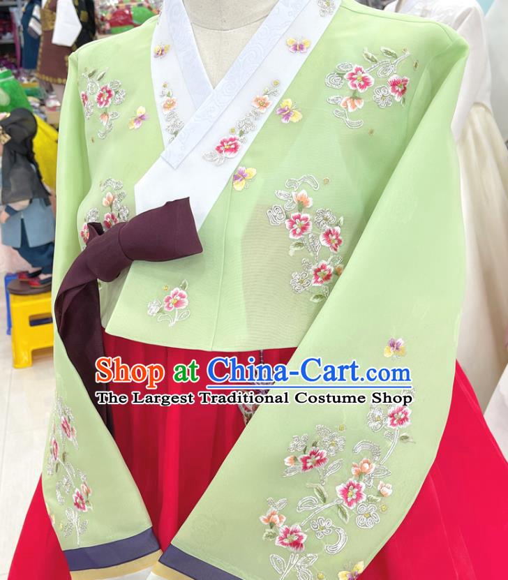 Top Handmade Hanbok Korean Bride Garment Costumes Embroidered Green Blouse and Red Dress Complete Set