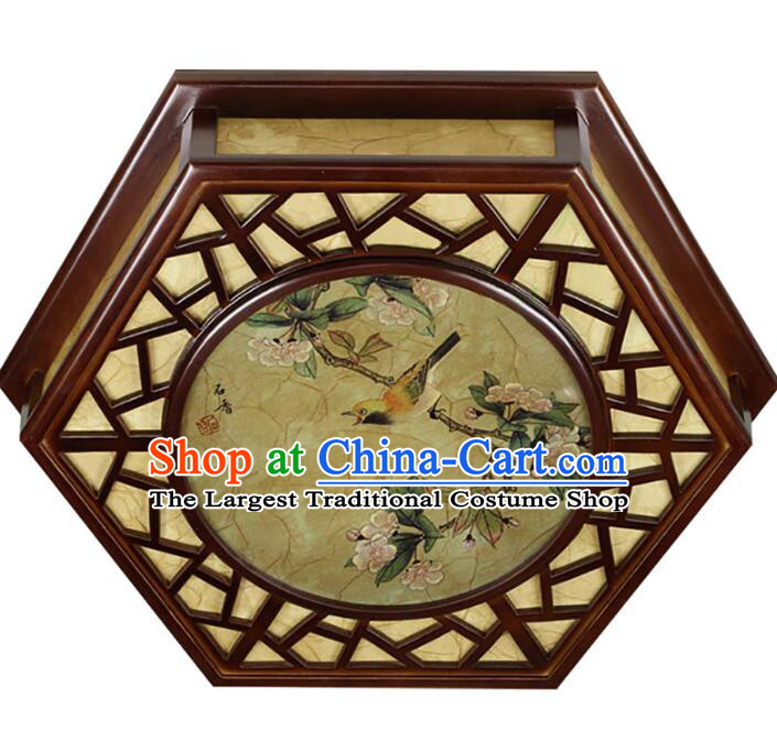 Chinese Handmade Wood Lantern Traditional Ceiling Parchment Lamp Painting of Birds and Flowers Lantern