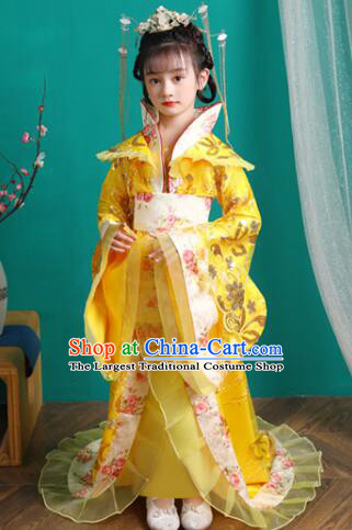 Chinese Ancient Imperial Concubine Yellow Trailing Dress Tang Dynasty Imperial Empress Garment Costume Children Clothing