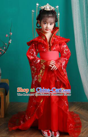 Chinese Ancient Children Clothing Imperial Concubine Red Trailing Dress Tang Dynasty Imperial Empress Garment Costume