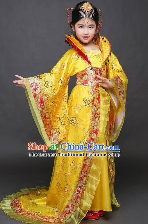 Chinese Tang Dynasty Imperial Concubine Garment Costume Ancient Children Clothing Empress Yellow Dress