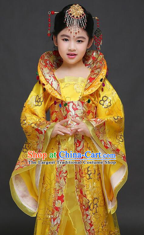 Chinese Tang Dynasty Imperial Concubine Garment Costume Ancient Children Clothing Empress Yellow Dress