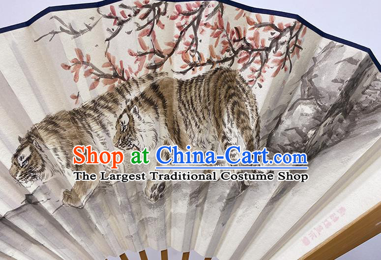 Chinese In Painting Tigers Fan Handmade Paper Fan Traditional Wenge Folding Fans