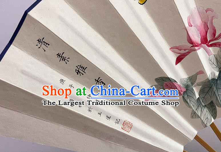 Chinese Traditional Wenge Folding Fans In Painting Peony Flowers Fan Handmade Paper Fan