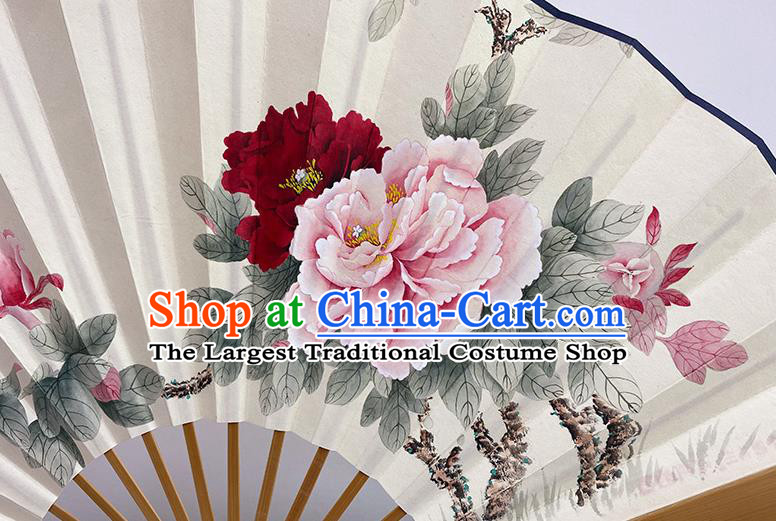 Chinese Traditional Wenge Folding Fans In Painting Peony Flowers Fan Handmade Paper Fan