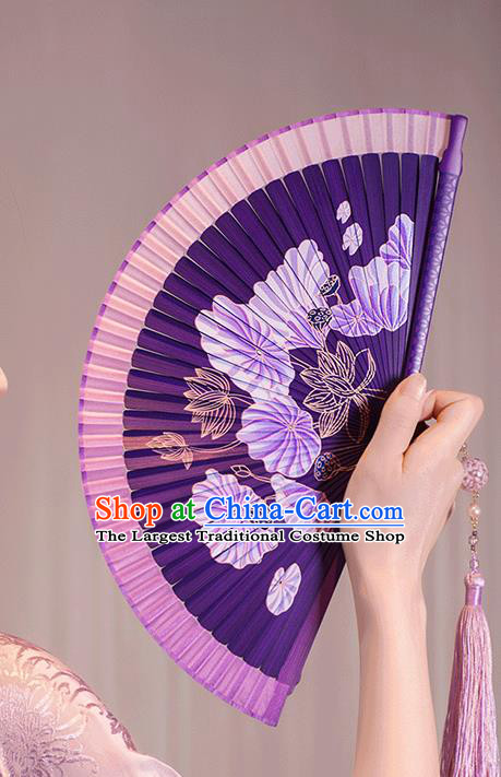 Chinese Handmade Bamboo Fan Traditional Folding Fans Painting Lotus Fan