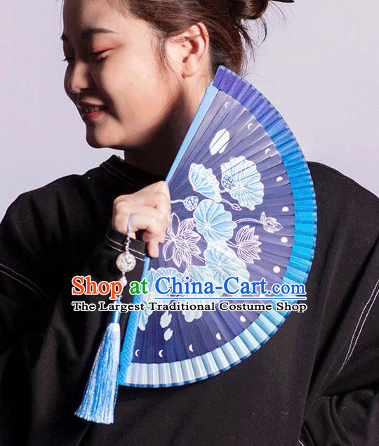 Chinese Painting Lotus Fan Handmade Bamboo Fan Traditional Dark Blue Folding Fans