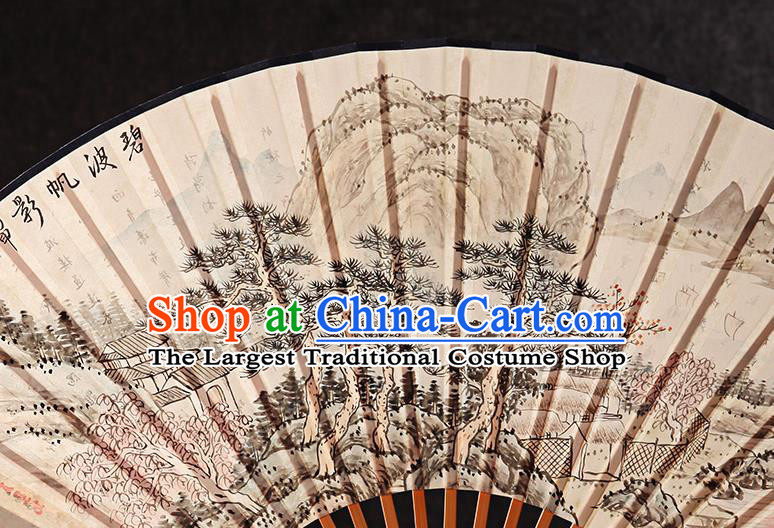 Chinese Ink Painting Landscape Fan Handmade Xuan Paper Accordion Bamboo Fan Traditional Folding Fans