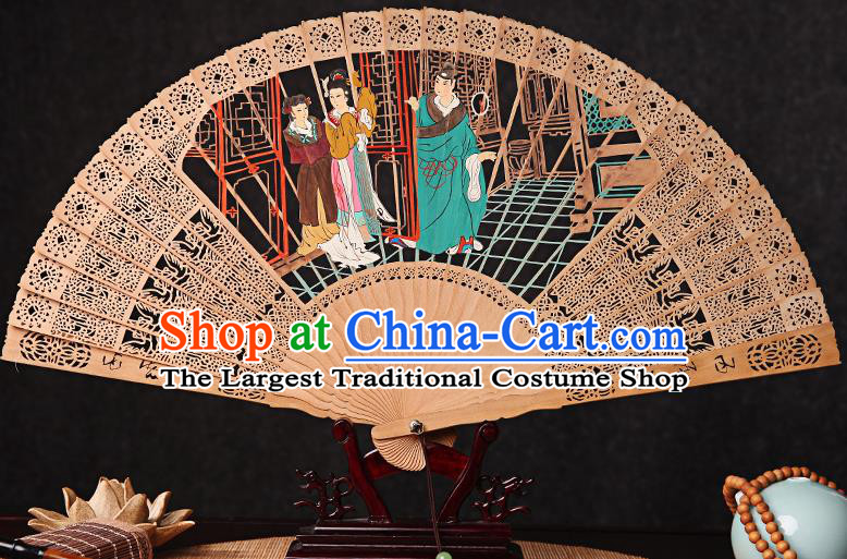 Chinese Handmade Craft Accordion Sandalwood Collection Fan Traditional Folding Fans Carved Romance of the Western Chamber Fan