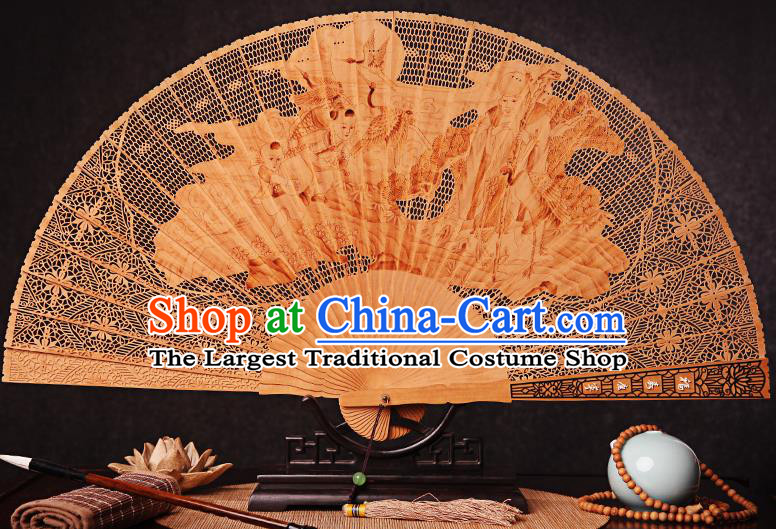 Chinese Sandalwood Accordion Collection Fan Traditional Folding Fans Carved Longevity Immortal Fan Handmade Craft