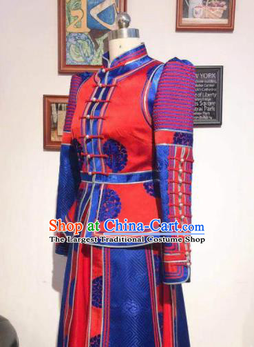 Handmade Wedding Costume Traditional Red Mongolian Robe Chinese Mongol Nationality Bride Dress