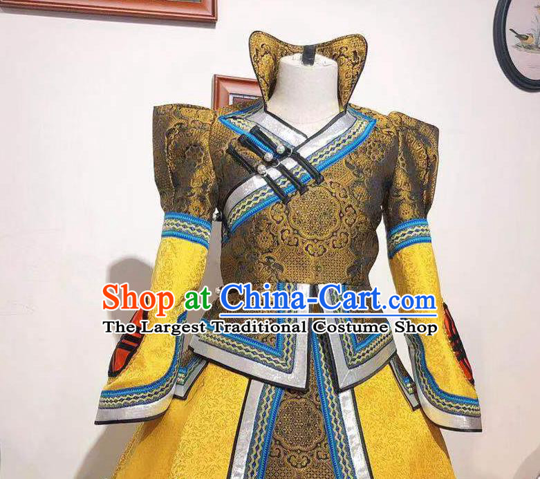 Chinese Ethnic Women Clothing Mongol Nationality Wedding Dress Mongolian Folk Dance Costume Traditional Festival Yellow Robe