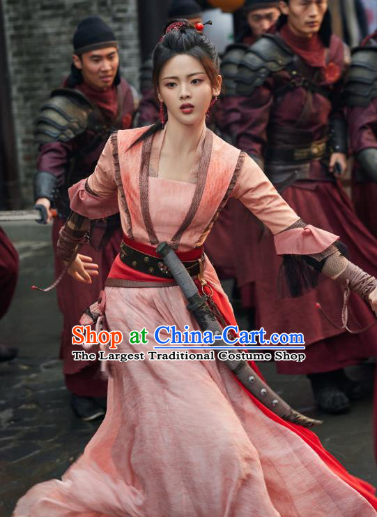 Chinese Traditional Young Lady Pink Dress Wuxia TV Series Heros Wen Rou Costume Ancient Female Swordsman Clothing