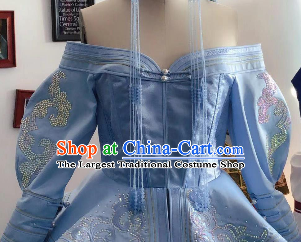Chinese Mongolian Festival Garment Traditional Ethnic Wedding Costume Mongol Nationality Bride Blue Dress