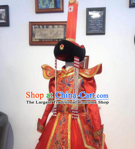 Chinese Mongol Nationality Bride Red Dress Mongolian Festival Garment Traditional Ethnic Wedding Costume