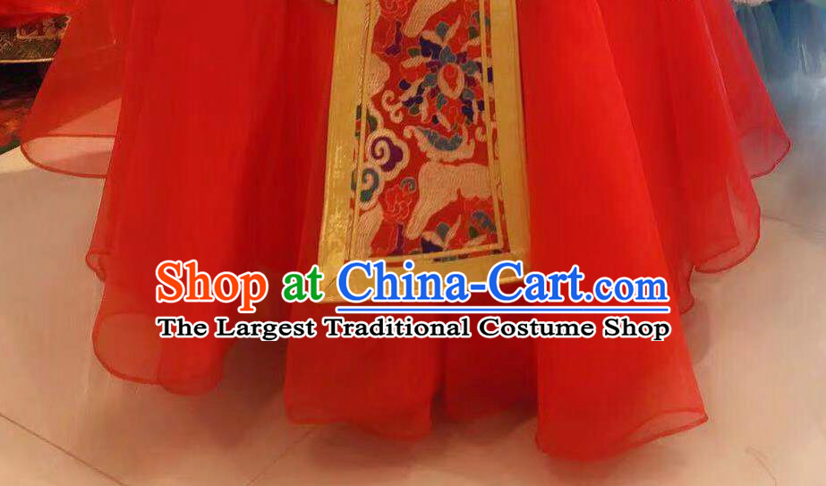 Chinese Mongolian Festival Garment Traditional Ethnic Compere Costume Mongol Nationality Folk Dance Red Dress