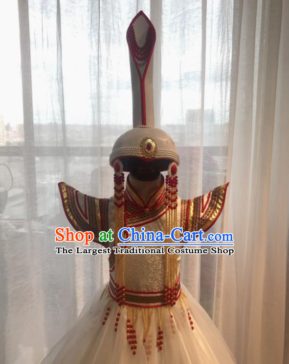 Chinese Ethnic Folk Dance Costume Mongol Nationality Girl White Dress Garment Mongolian Festival Performance Clothing