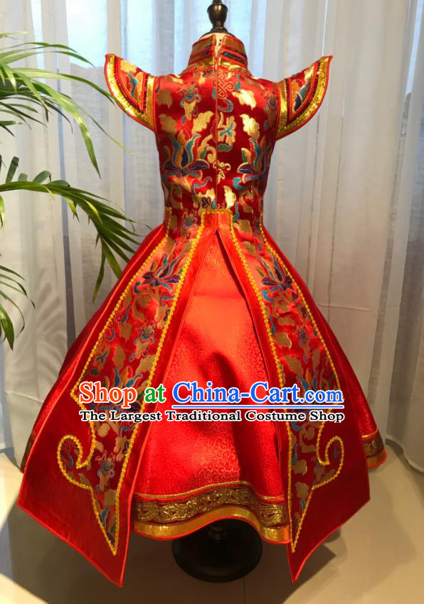 Chinese Mongol Nationality Children Compere Costume Mongolian Folk Dance Red Brocade Dress Ethnic Festival Performance Clothing