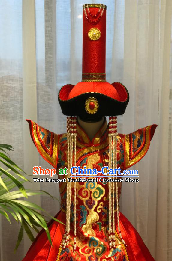 Chinese Mongol Nationality Children Compere Costume Mongolian Folk Dance Red Brocade Dress Ethnic Festival Performance Clothing