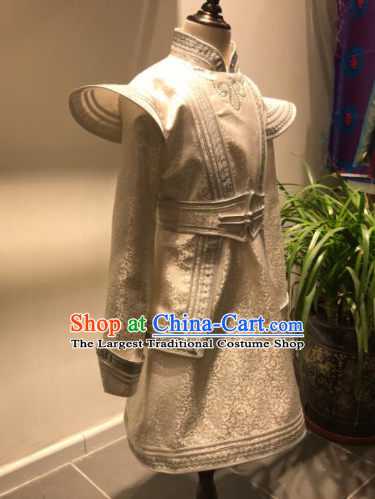 Chinese Ethnic Festival Performance Clothing Mongol Nationality Boy Costume Mongolian Folk Dance White Brocade Robe