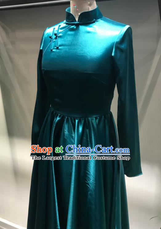 Chinese Mongolian Folk Dance Peacock Blue Dress Ethnic Stage Performance Clothing Mongol Nationality Folk Dance Garment Costume