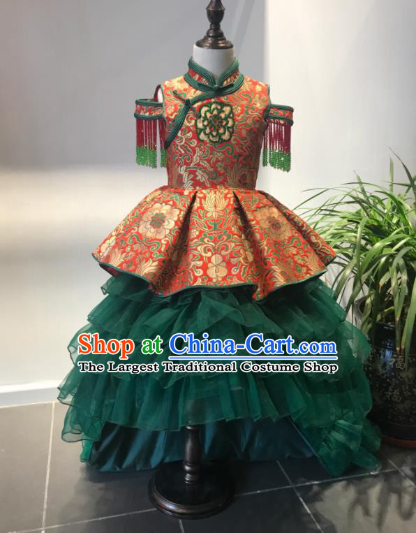 Chinese Mongol Nationality Girl Garment Costume Mongolian Folk Dance Green Veil Dress Ethnic Stage Show Clothing