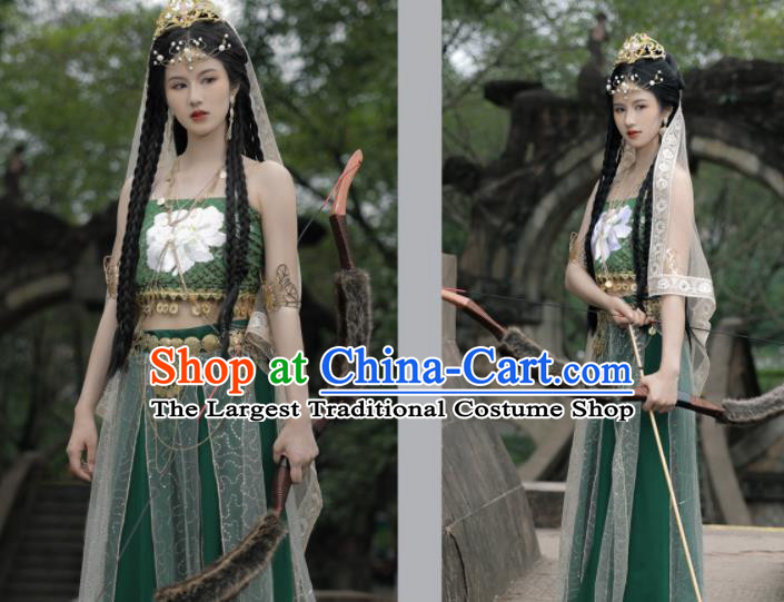 Chinese Tang Dynasty Northern Tribe Beauty Garment Costumes Traditional Dance Green Outfit Ancient Ethnic Princess Clothing
