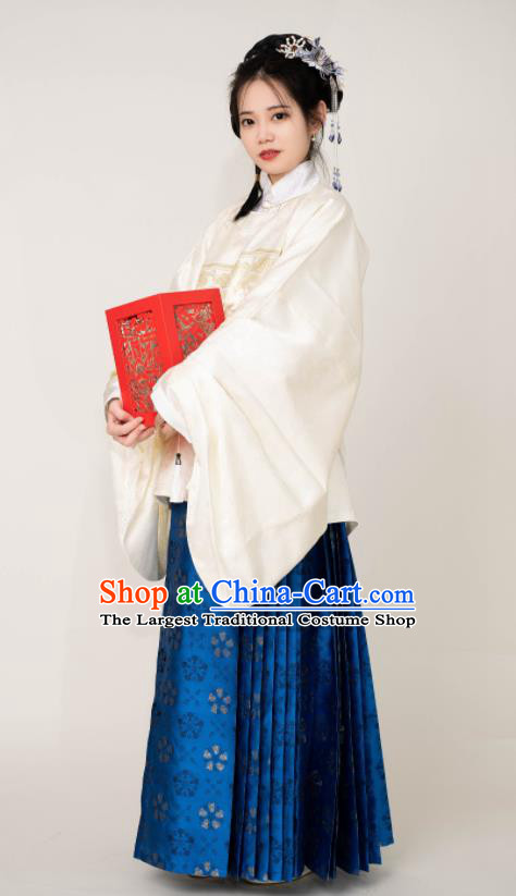 Chinese Ming Dynasty Princess Garment Costumes Traditional Hanfu Beige Blouse and Blue Skirt Ancient Noble Lady Clothing