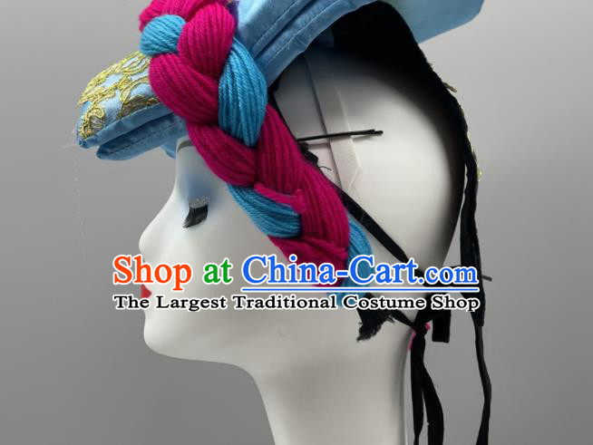 Chinese Wa Minority Dance Headwear Qiang Nationality Headpiece Ethnic Stage Performance Blue Hat